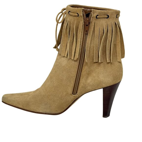 Nine West Fringe Suede Ankle Boots 9M Camel Tan Pointed Western Toe High Heel - Picture 6 of 10